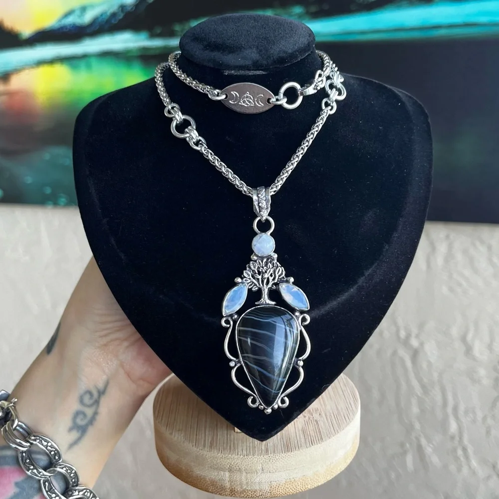 SOLD silver overlay black agate moonstone fluorite tree of life necklace